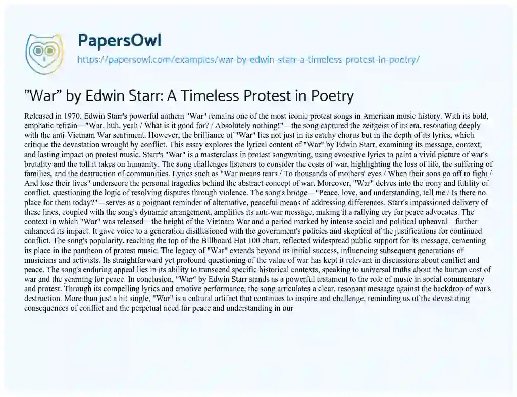 Essay on “War” by Edwin Starr: A Timeless Protest in Poetry