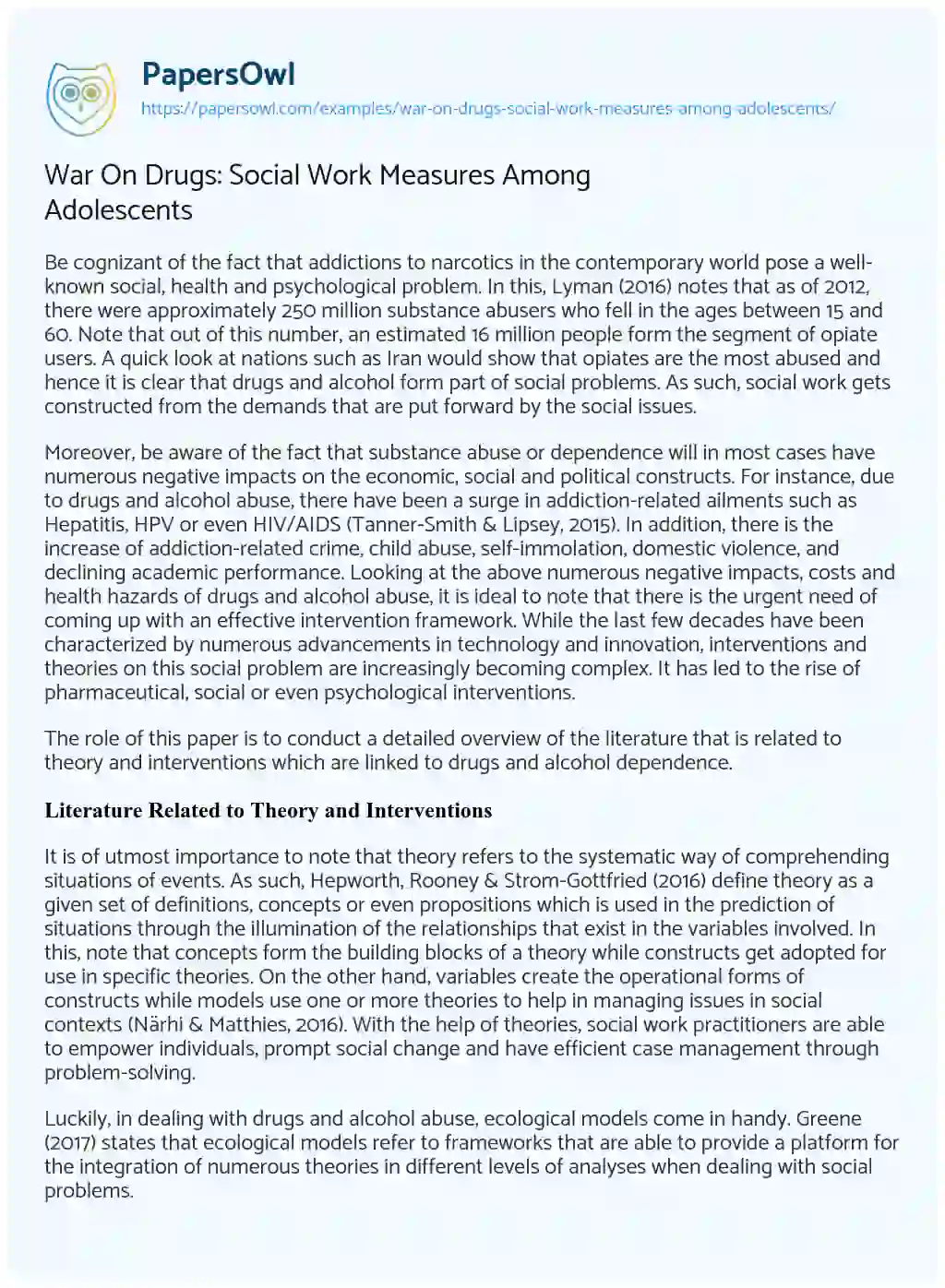 Essay on War On Drugs: Social Work Measures Among Adolescents