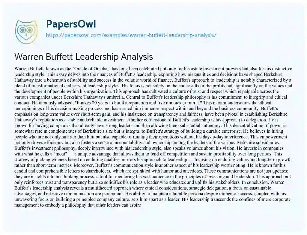 Essay on Warren Buffett Leadership Analysis