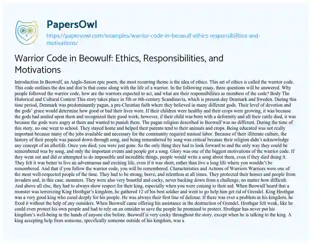 Essay on Warrior Code in Beowulf: Ethics, Responsibilities, and Motivations