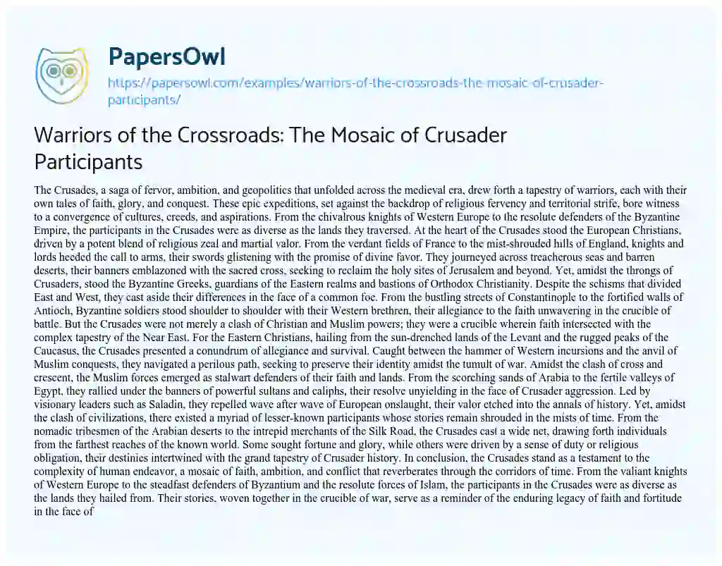 Essay on Warriors of the Crossroads: the Mosaic of Crusader Participants