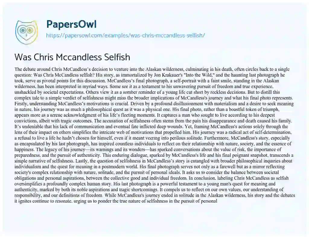 Essay on Was Chris Mccandless Selfish