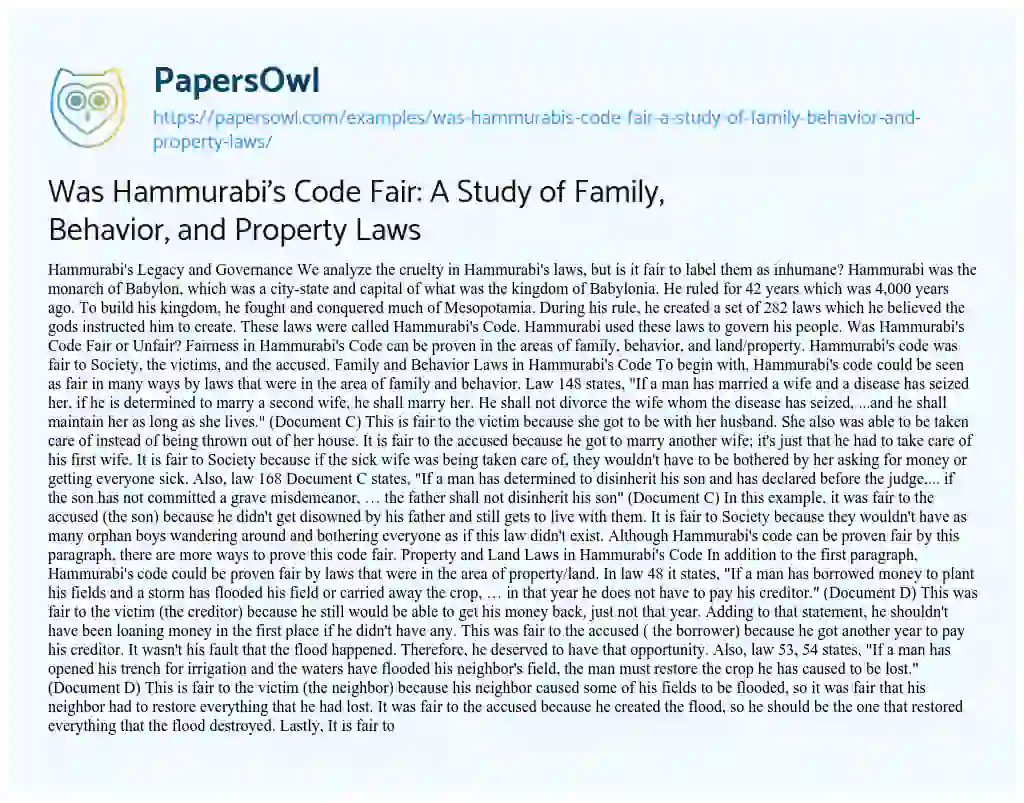 Essay on Was Hammurabi’s Code Fair: a Study of Family, Behavior, and Property Laws