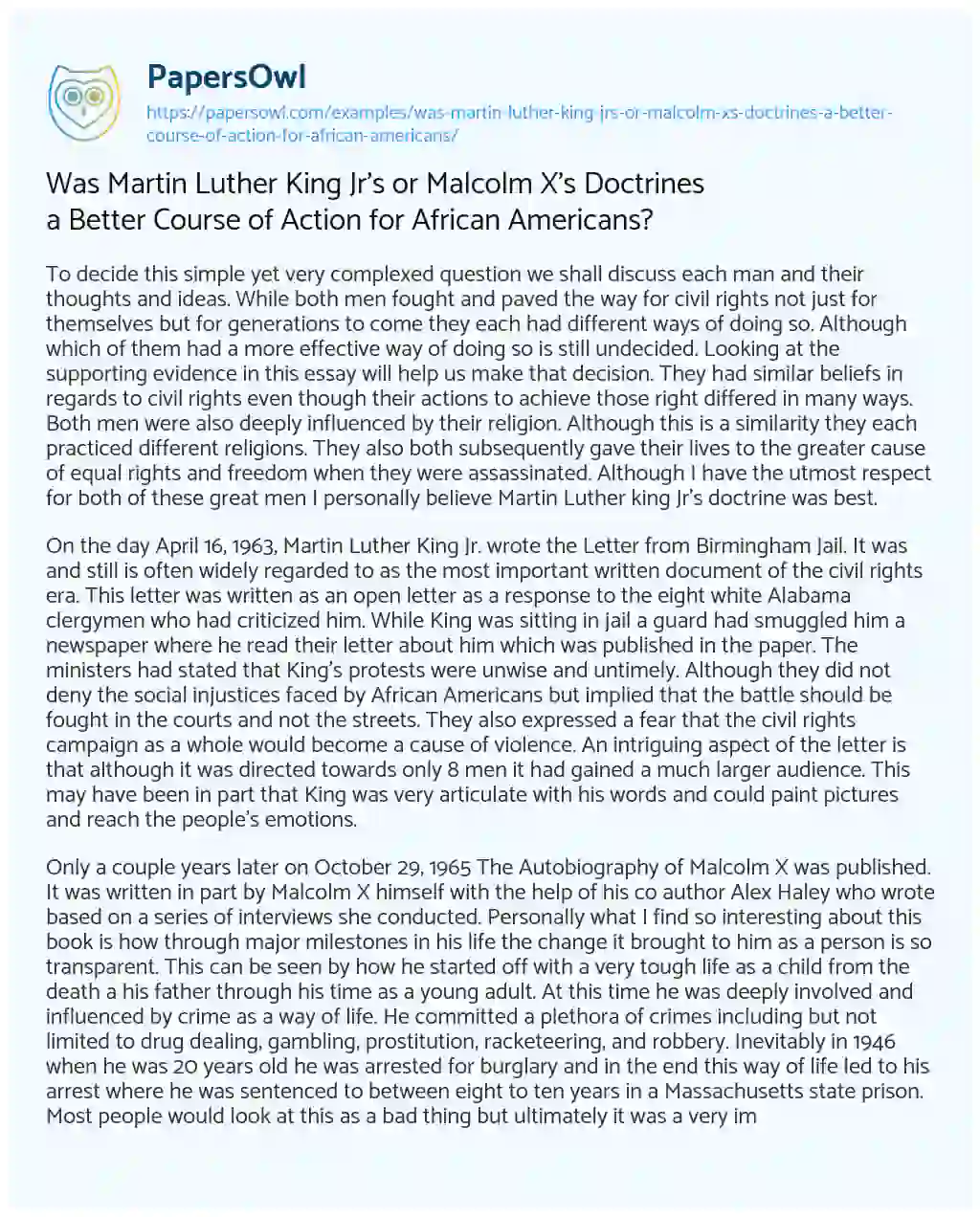 Essay on Was Martin Luther King Jr’s or Malcolm X’s Doctrines a Better Course of Action for African Americans?