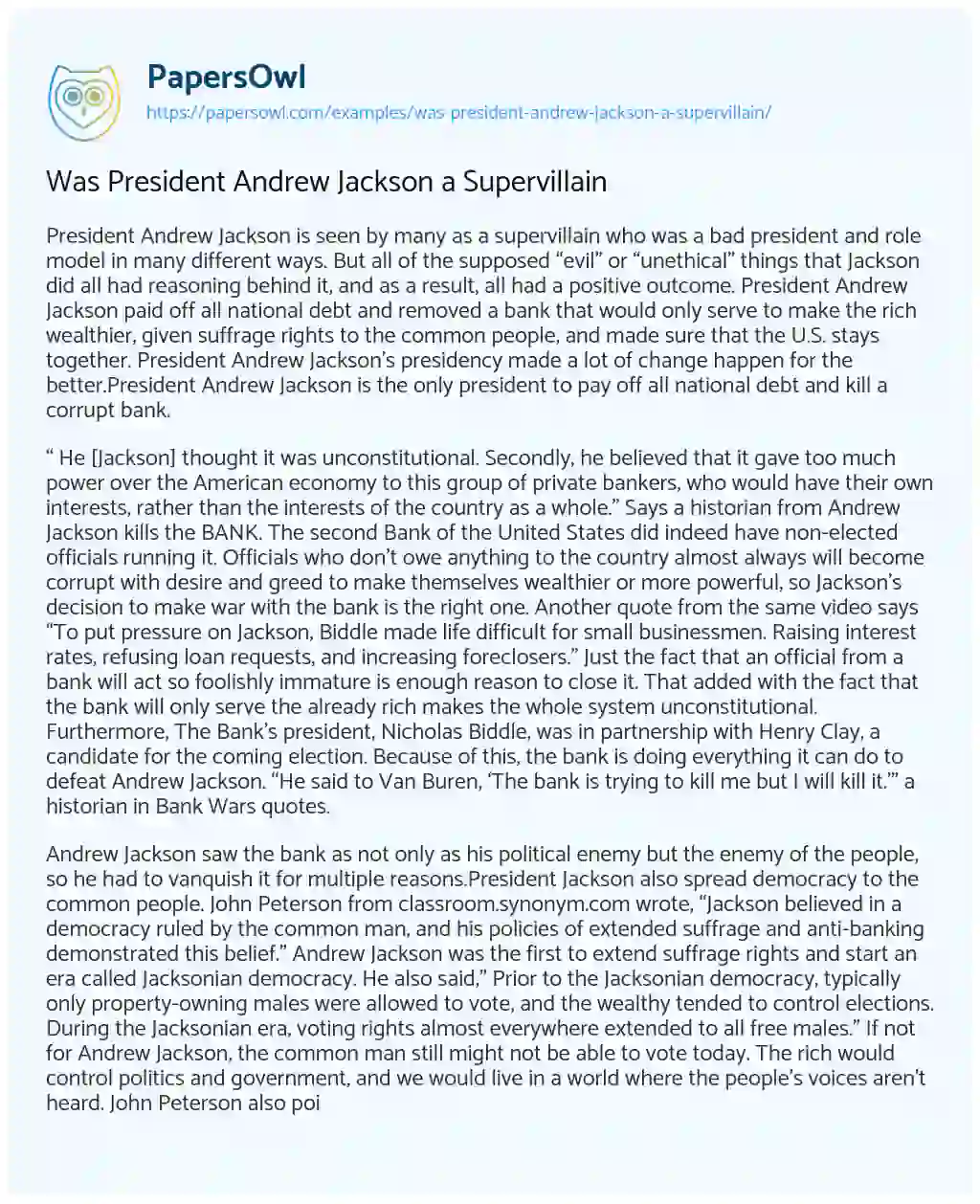Essay on Was President Andrew Jackson a Supervillain