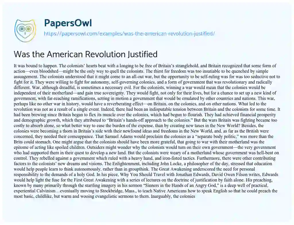 Essay on Was the American Revolution Justified