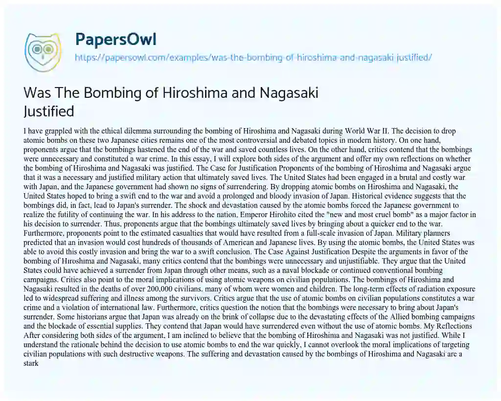 Essay on Was The Bombing of Hiroshima and Nagasaki Justified