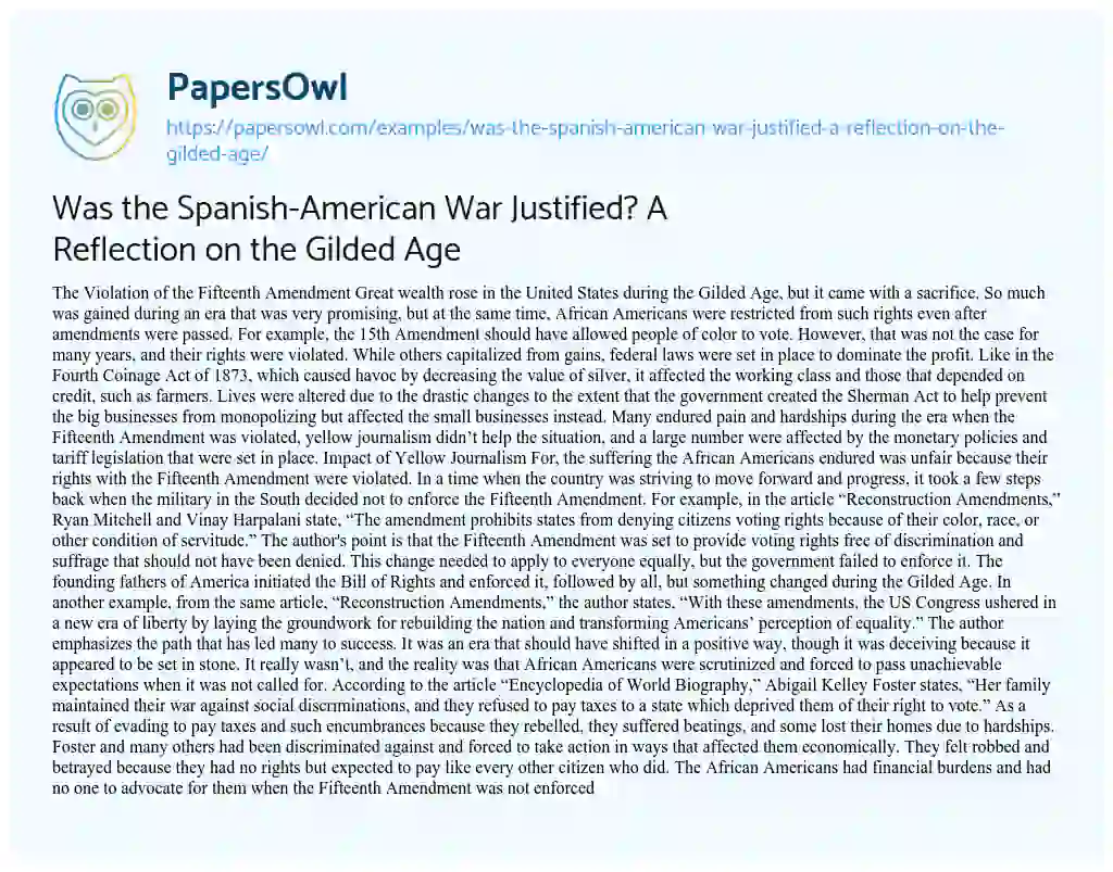 Essay on Was the Spanish-American War Justified? a Reflection on the Gilded Age