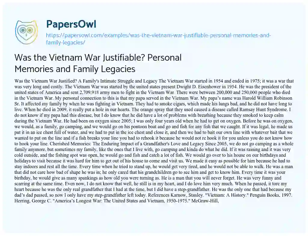 Essay on Was the Vietnam War Justifiable? Personal Memories and Family Legacies