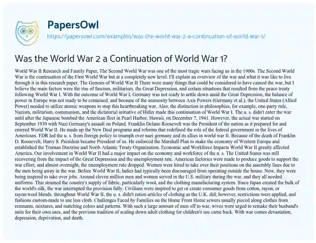 Essay on Was the World War 2 a Continuation of World War 1?