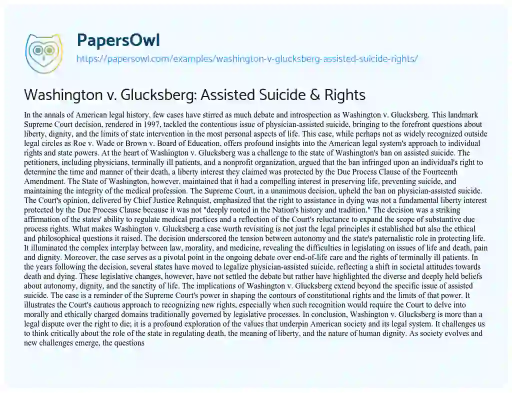 Essay on Washington V. Glucksberg: Assisted Suicide & Rights