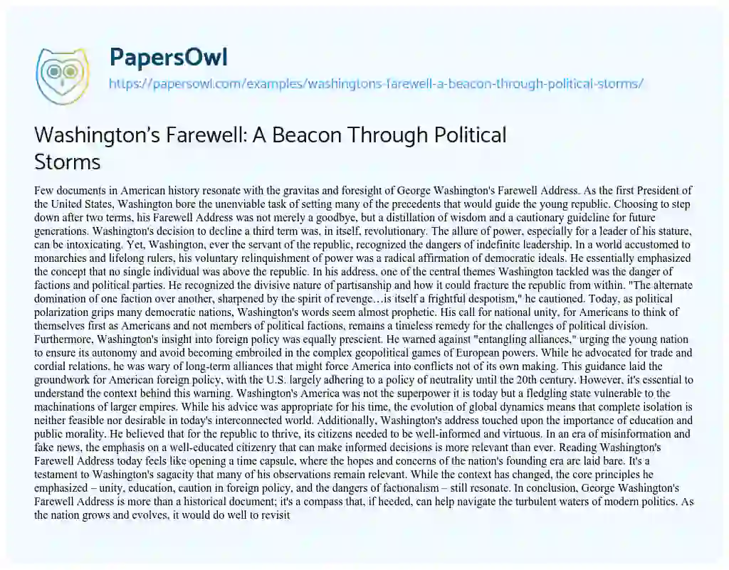 Essay on Washington’s Farewell: a Beacon through Political Storms