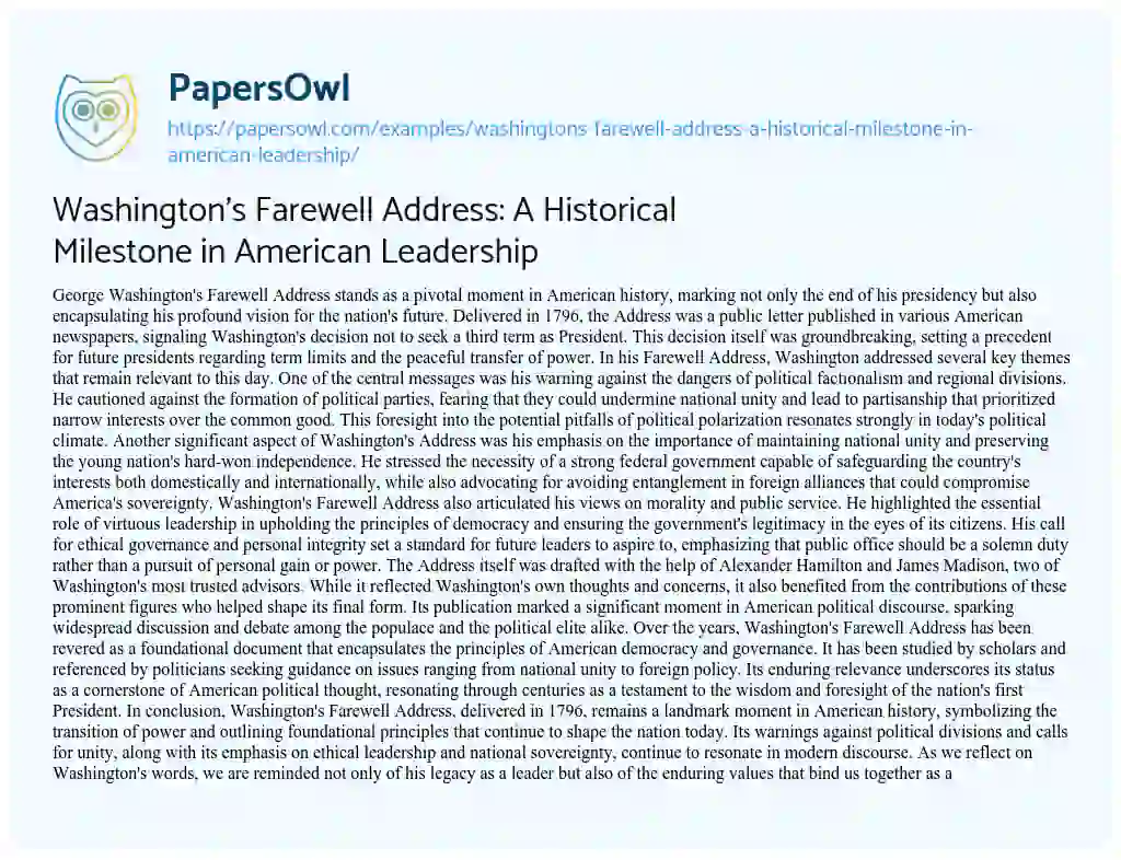 Essay on Washington’s Farewell Address: a Historical Milestone in American Leadership