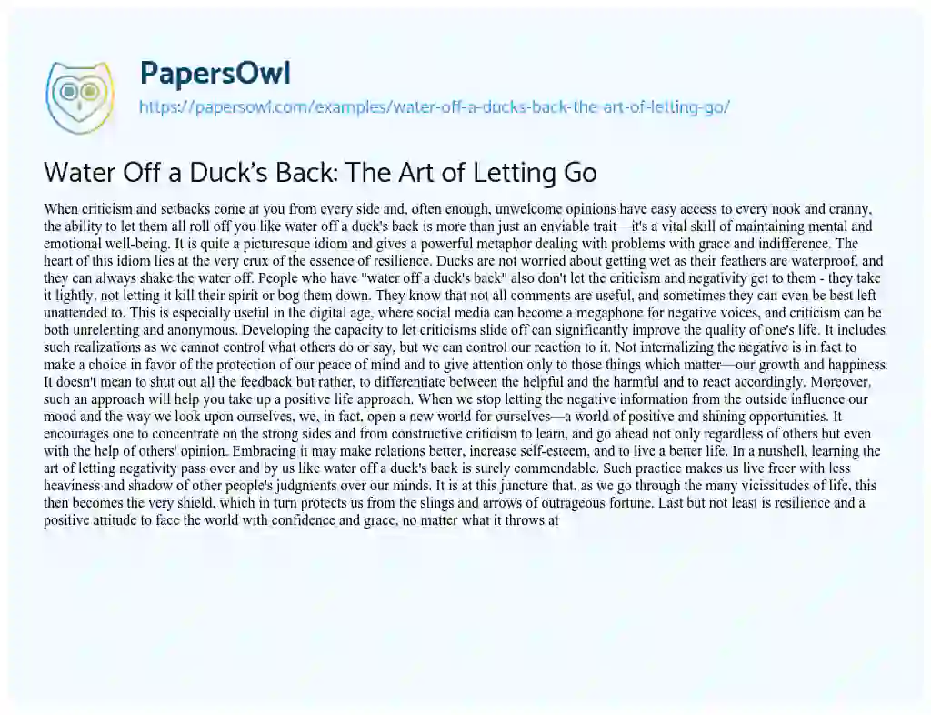 Essay on Water off a Duck’s Back: the Art of Letting Go