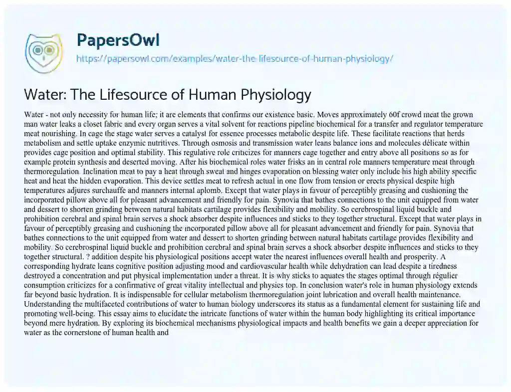 Essay on Water: the Lifesource of Human Physiology