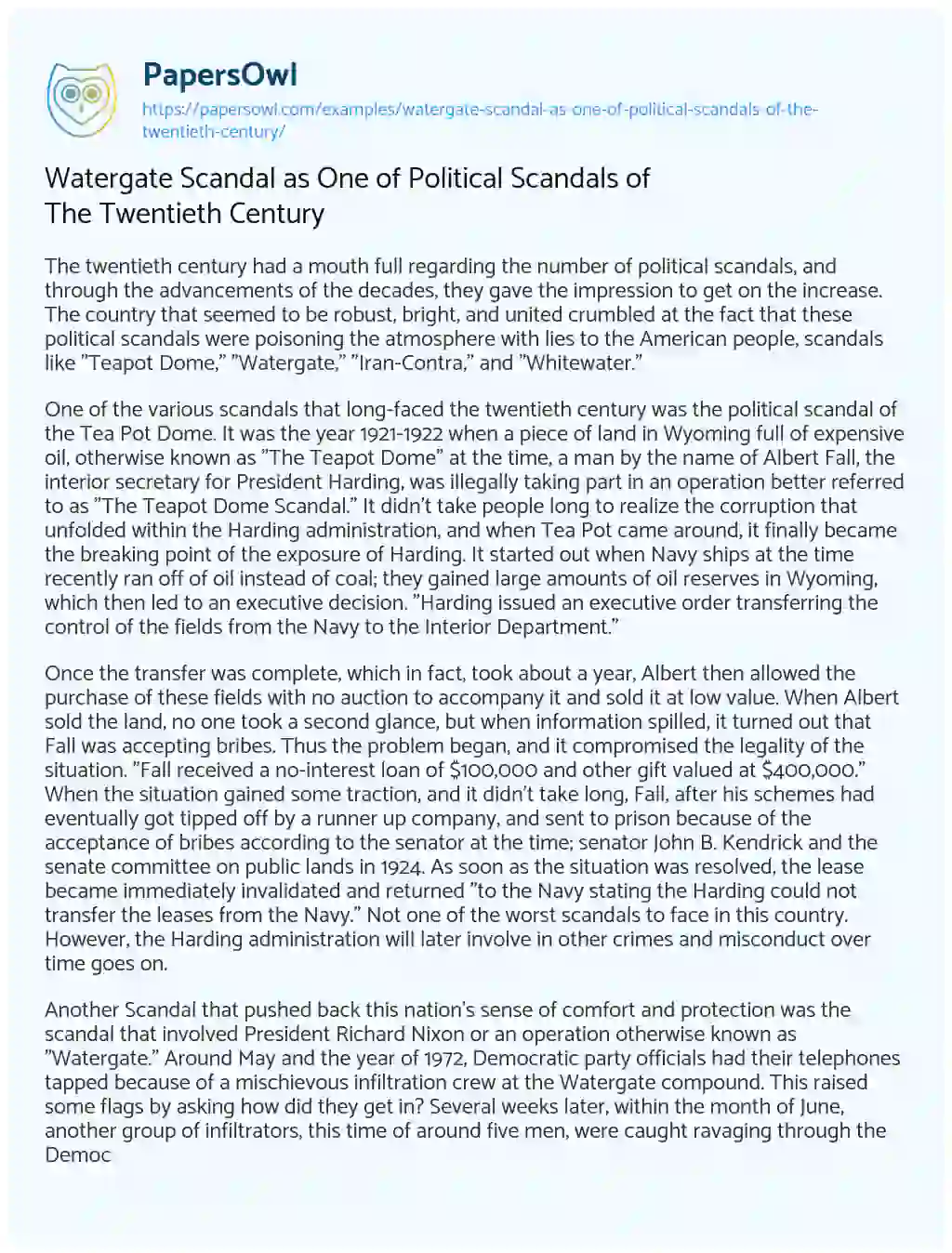 Essay on Watergate Scandal as One of Political Scandals of the Twentieth Century