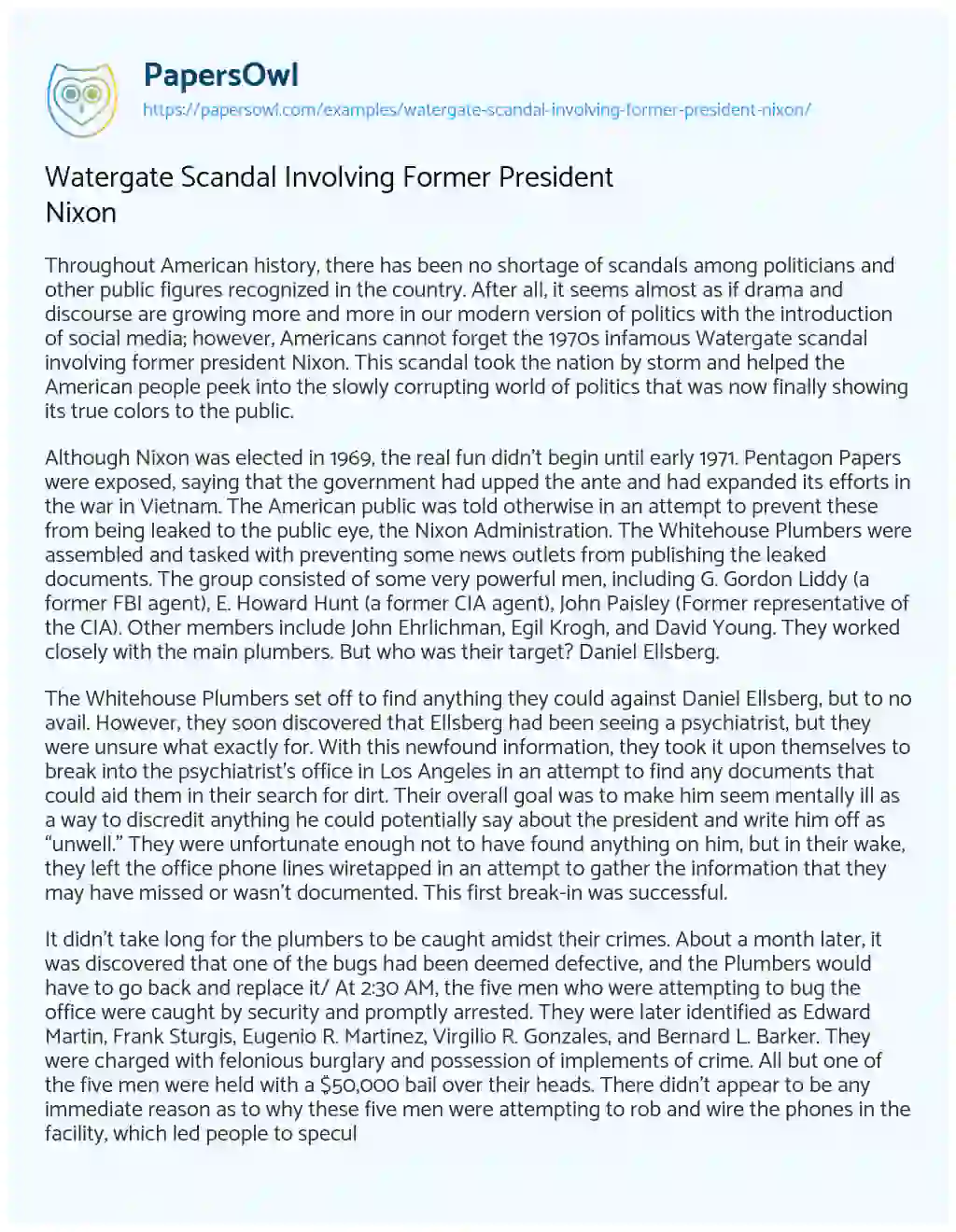 Essay on Watergate Scandal Involving Former President Nixon