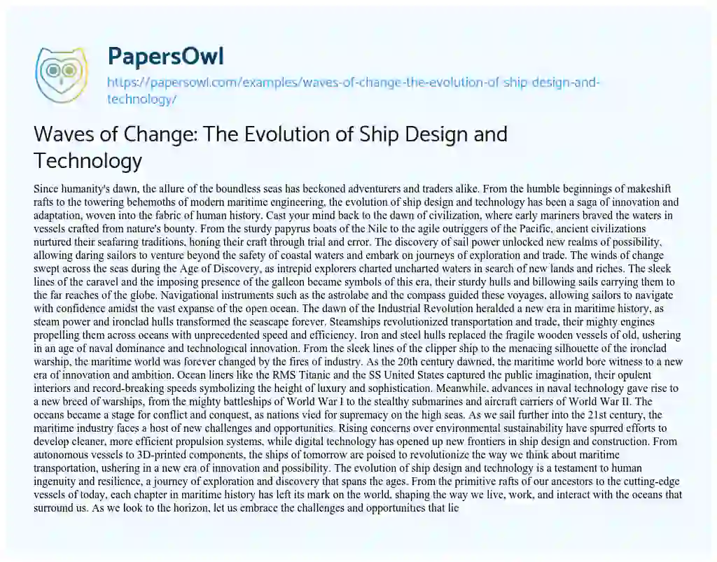 Essay on Waves of Change: the Evolution of Ship Design and Technology