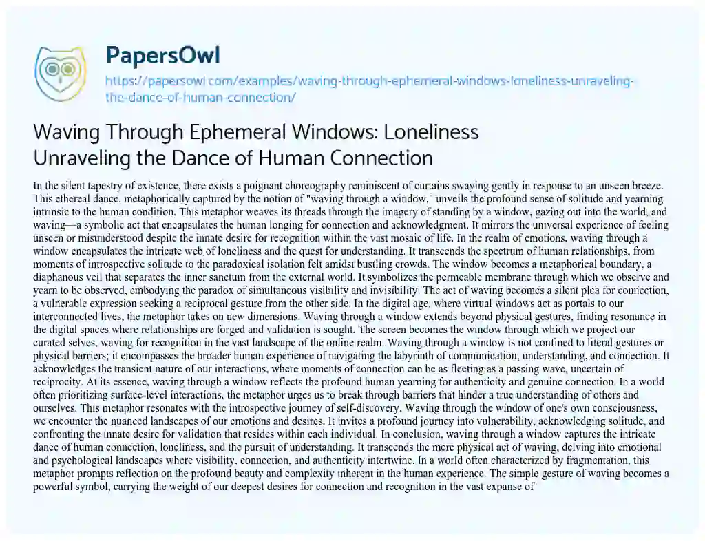 Essay on Waving through Ephemeral Windows: Loneliness Unraveling the Dance of Human Connection