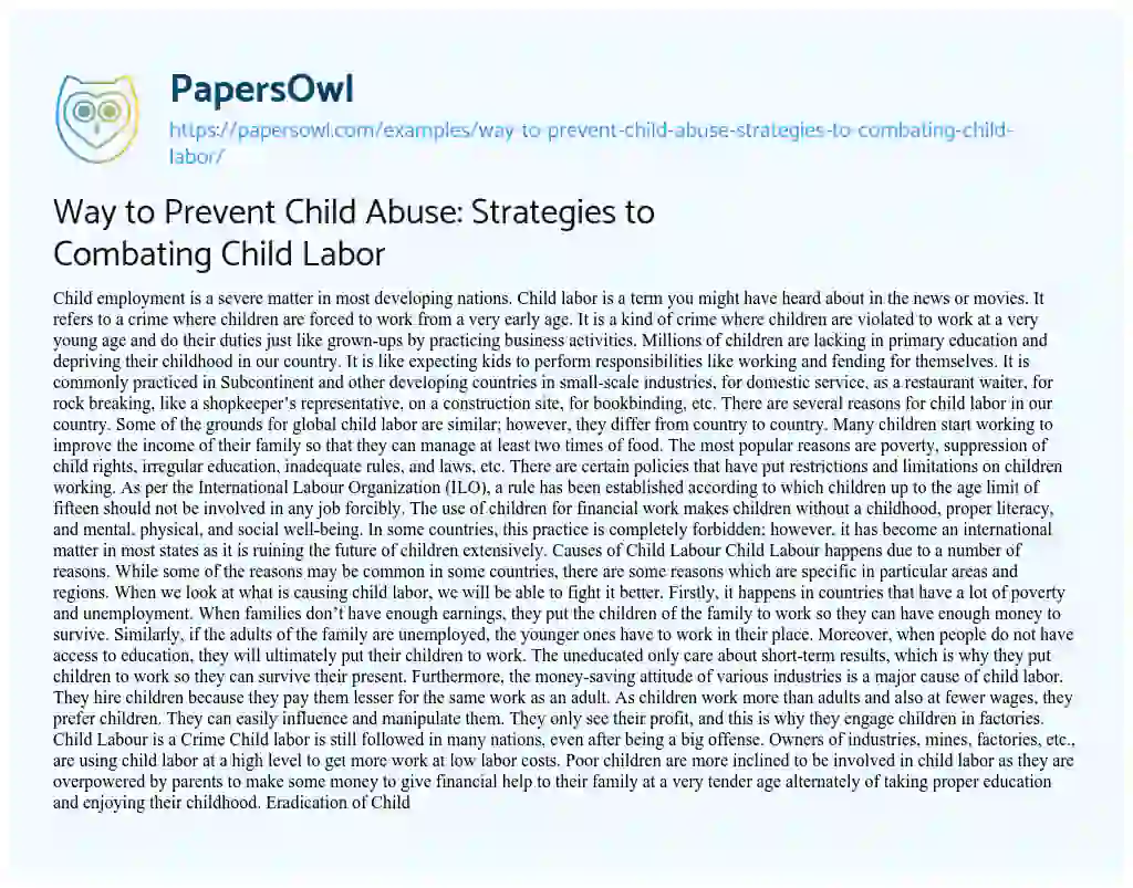 Essay on Way to Prevent Child Abuse: Strategies to Combating Child Labor