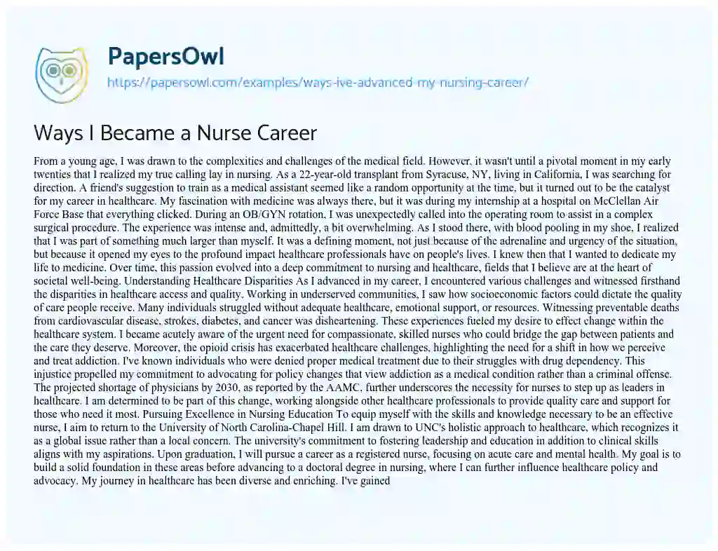 Essay on Ways i’ve Advanced my Nursing Career