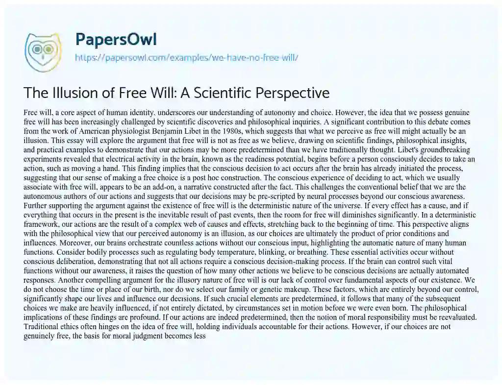 Essay on We have no Free Will