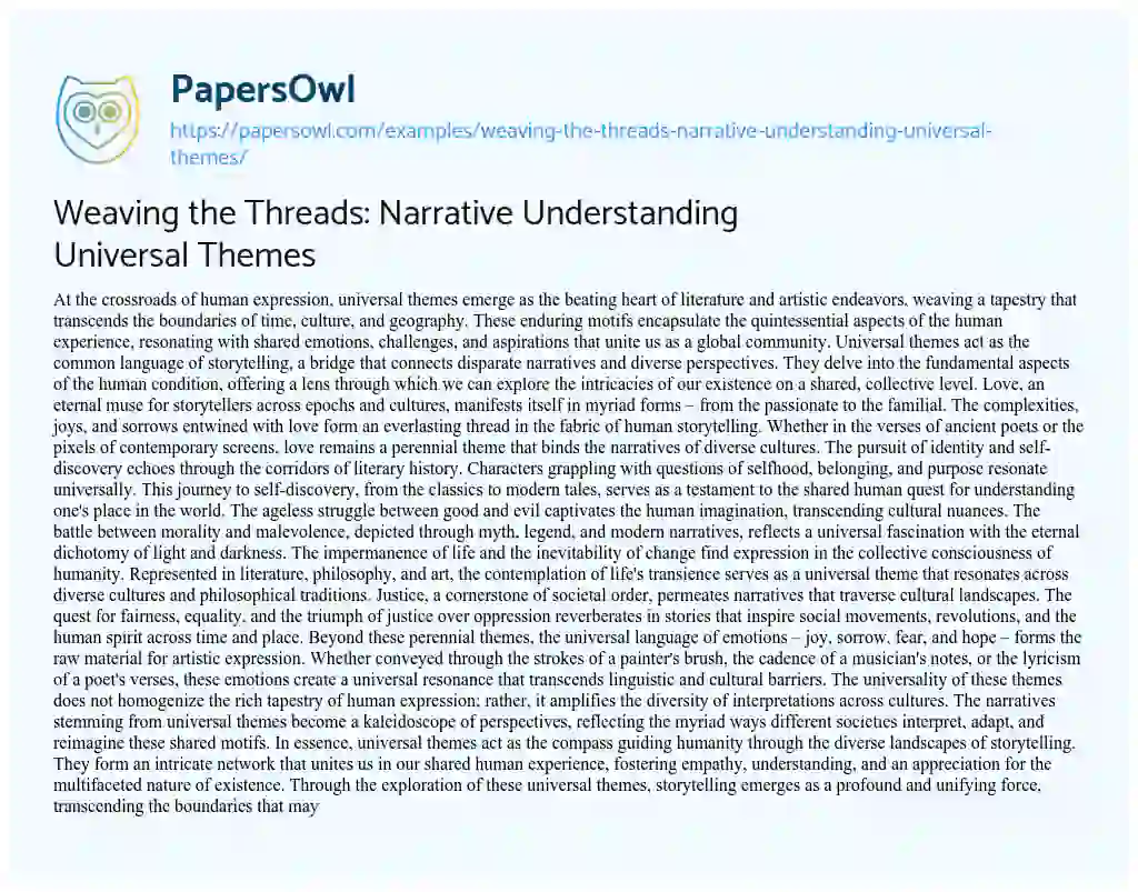 Essay on Weaving the Threads: Narrative Understanding Universal Themes