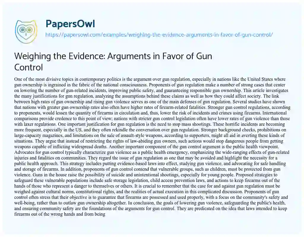 Essay on Weighing the Evidence: Arguments in Favor of Gun Control