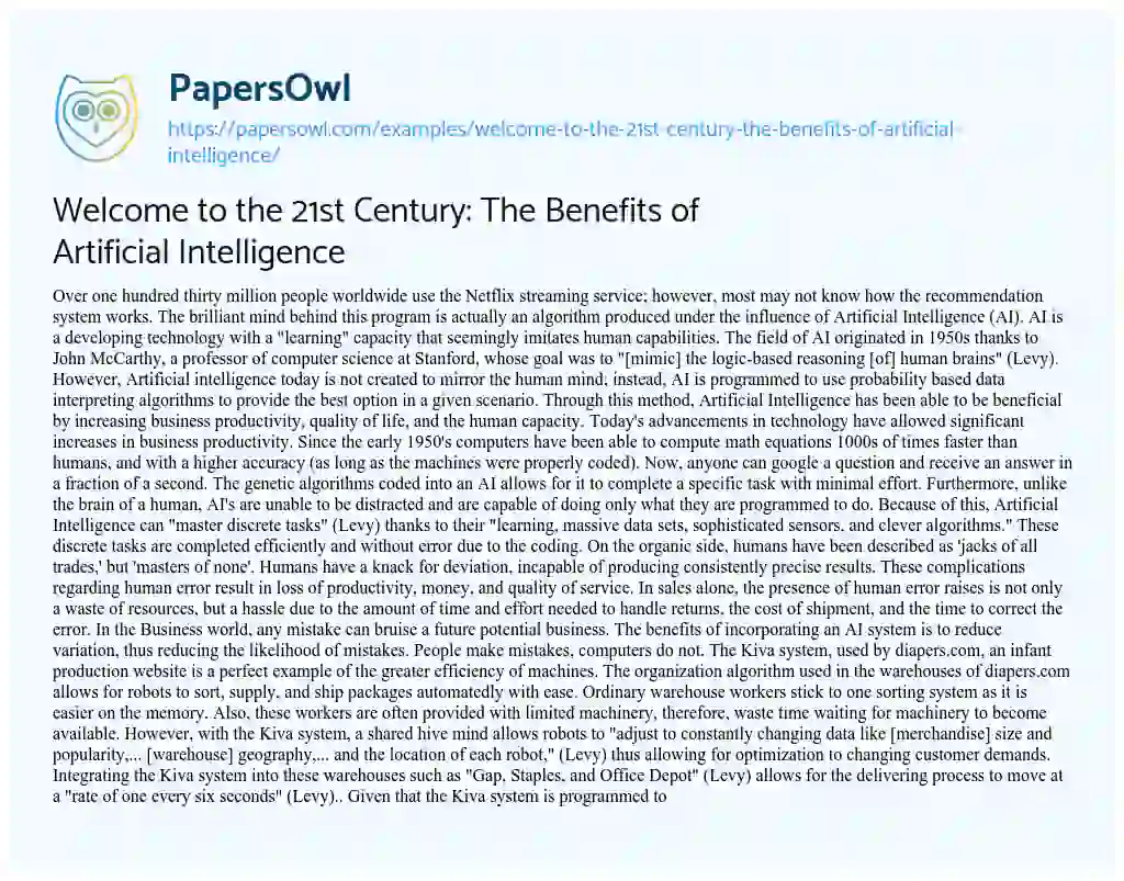Essay on Welcome to the 21st Century: the Benefits of Artificial Intelligence