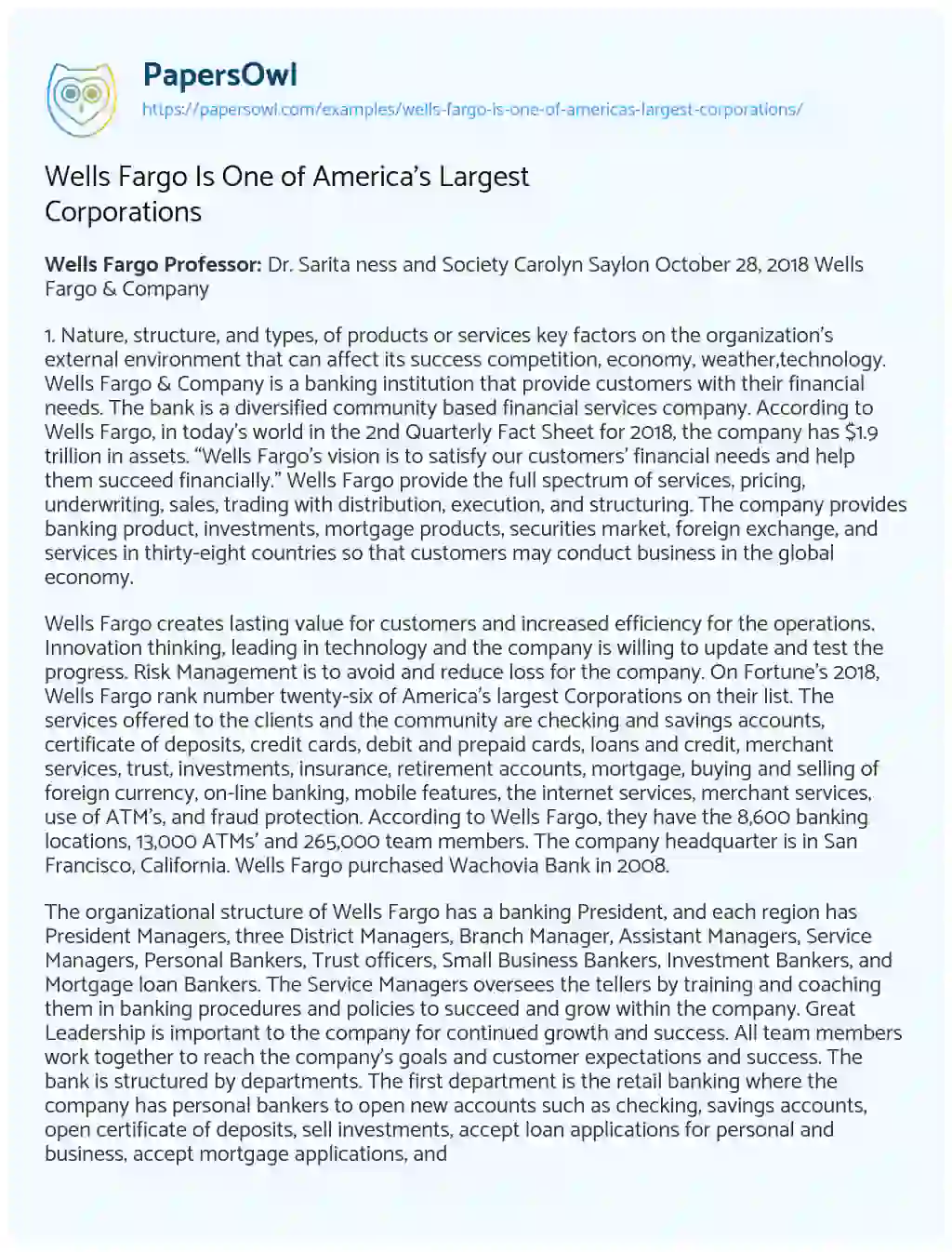 Essay on Wells Fargo is One of America’s Largest Corporations