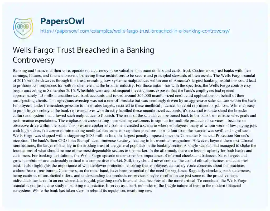 Essay on Wells Fargo: Trust Breached in a Banking Controversy