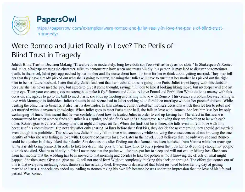 Essay on Were Romeo and Juliet Really in Love? the Perils of Blind Trust in Tragedy