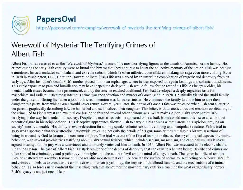 Essay on Werewolf of Mysteria: the Terrifying Crimes of Albert Fish