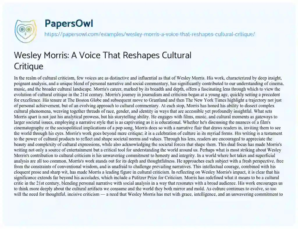 Essay on Wesley Morris: a Voice that Reshapes Cultural Critique