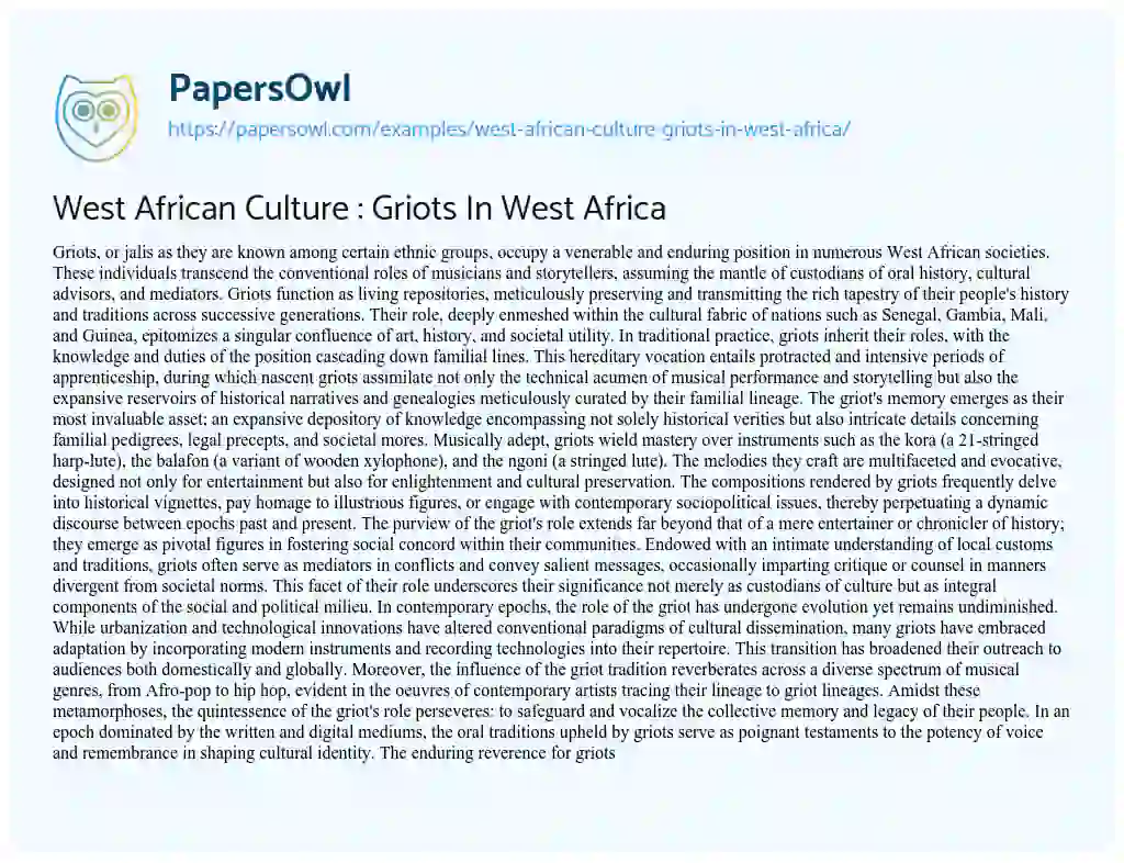 Essay on West African Culture : Griots in West Africa