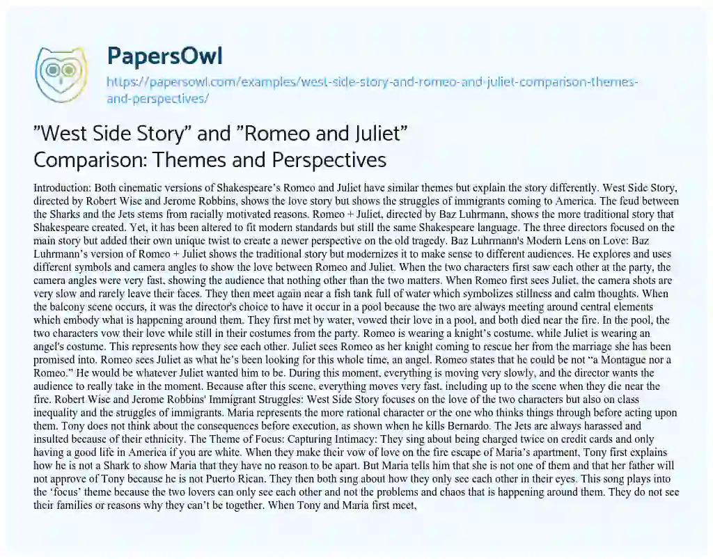 Essay on “West Side Story” and “Romeo and Juliet” Comparison: Themes and Perspectives