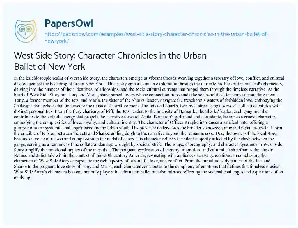 Essay on West Side Story: Character Chronicles in the Urban Ballet of New York