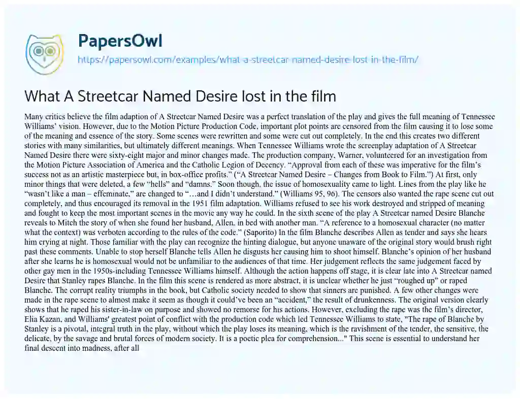 Essay on What a Streetcar Named Desire Lost in the Film