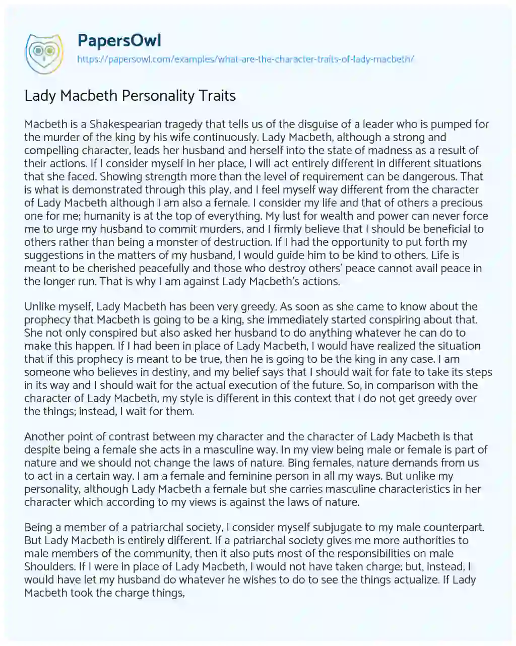 Lady Macbeth Personality Traits essay