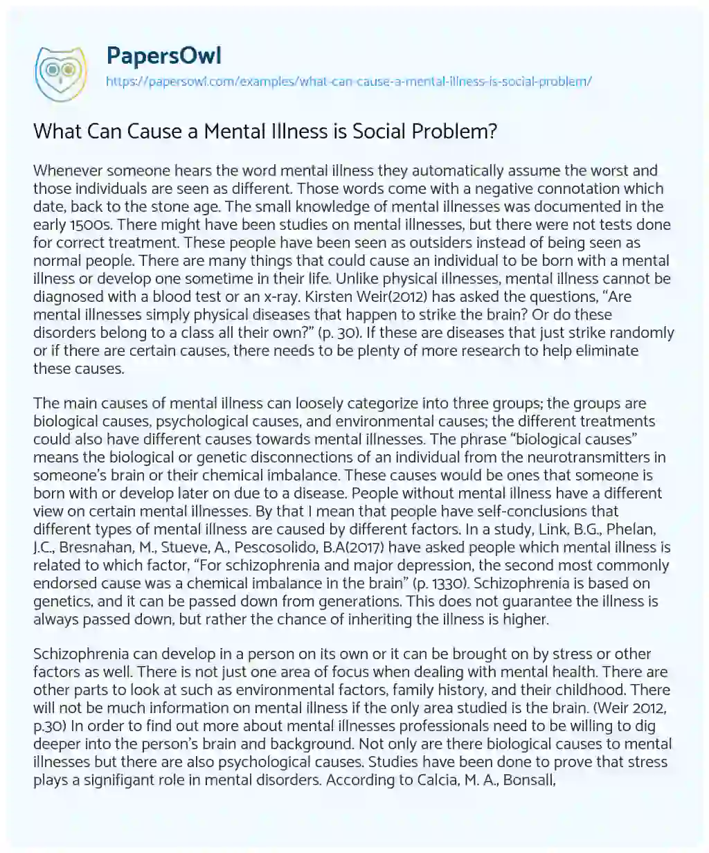 Essay on What Can Cause a Mental Illness is Social Problem?