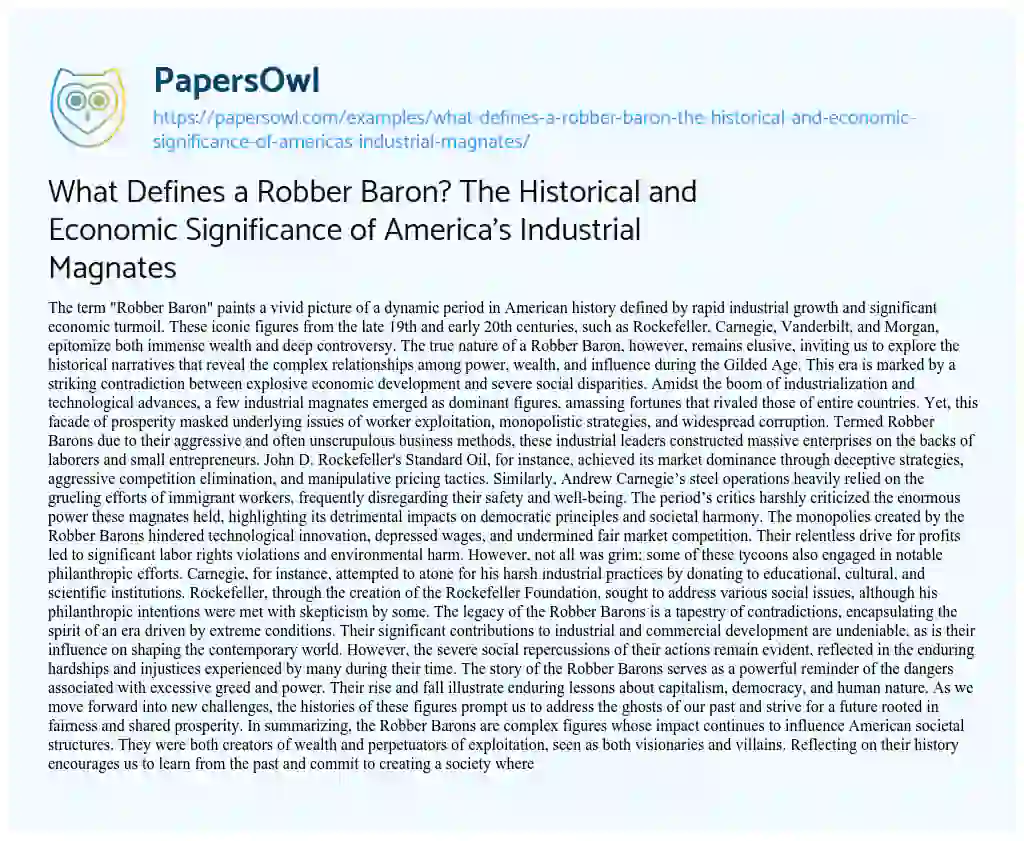 Essay on What Defines a Robber Baron? the Historical and Economic Significance of America’s Industrial Magnates