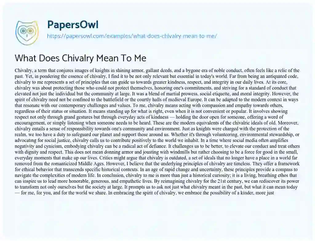 Essay on What does Chivalry Mean to me