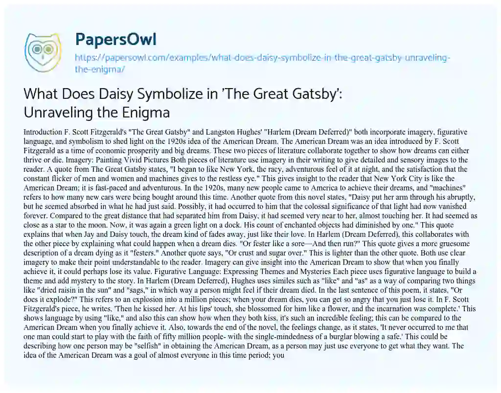 Essay on What does Daisy Symbolize in ‘The Great Gatsby’: Unraveling the Enigma