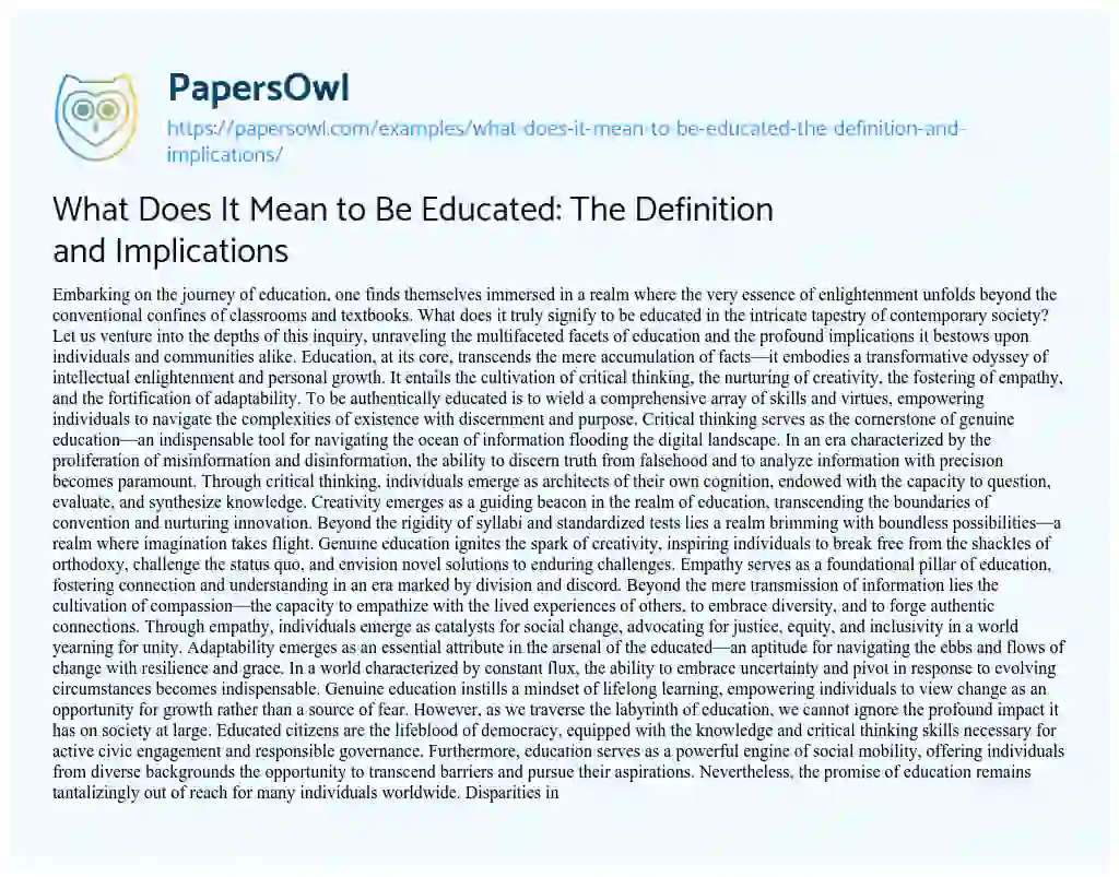 Essay on What does it Mean to be Educated: the Definition and Implications