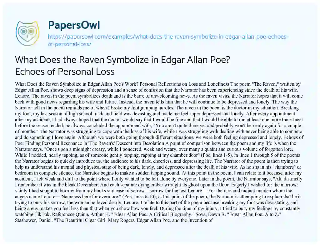 Essay on What does the Raven Symbolize in Edgar Allan Poe? Echoes of Personal Loss