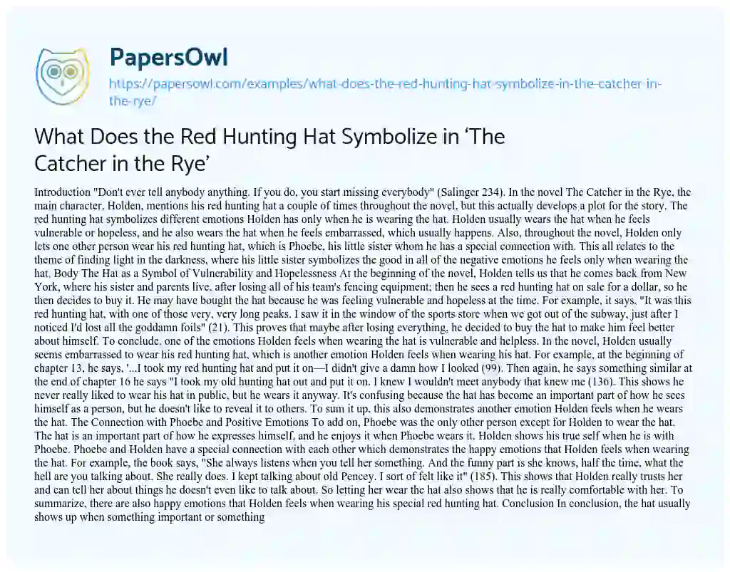 Essay on What does the Red Hunting Hat Symbolize in ‘The Catcher in the Rye’