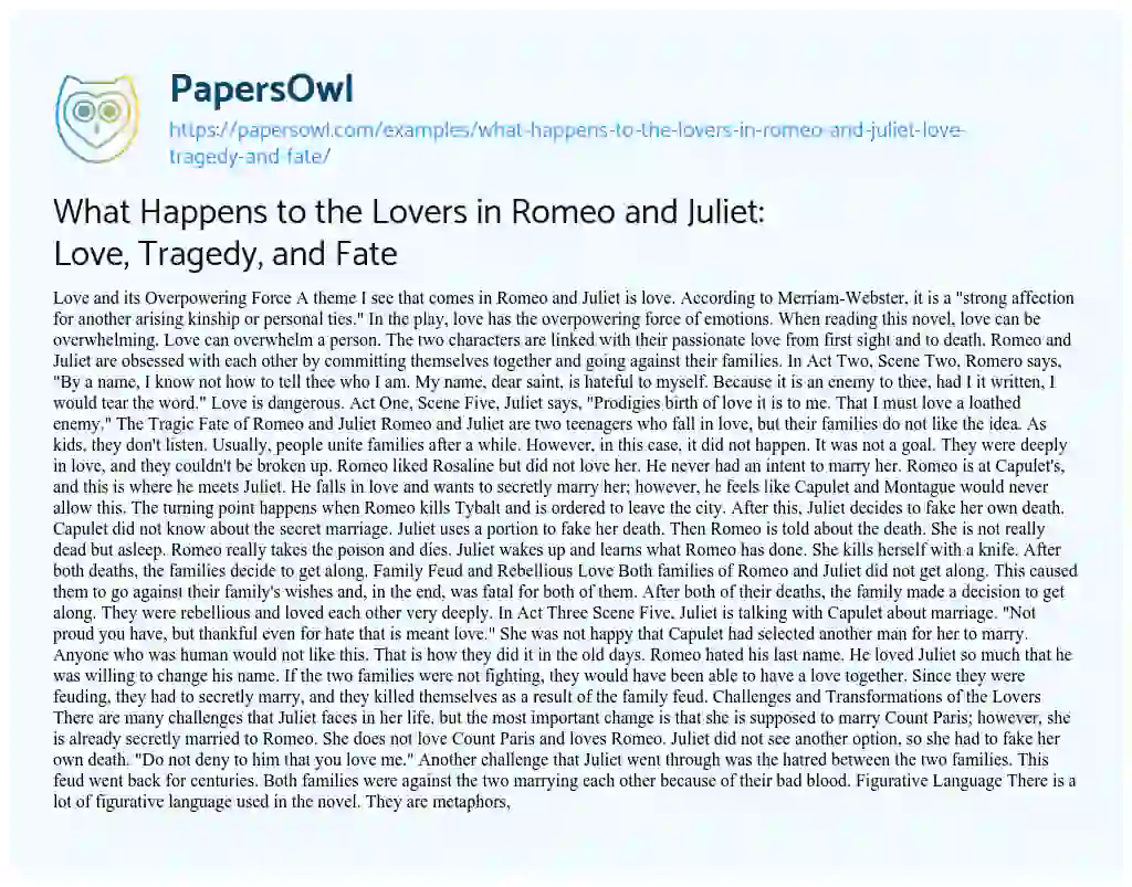 Essay on What Happens to the Lovers in Romeo and Juliet: Love, Tragedy, and Fate