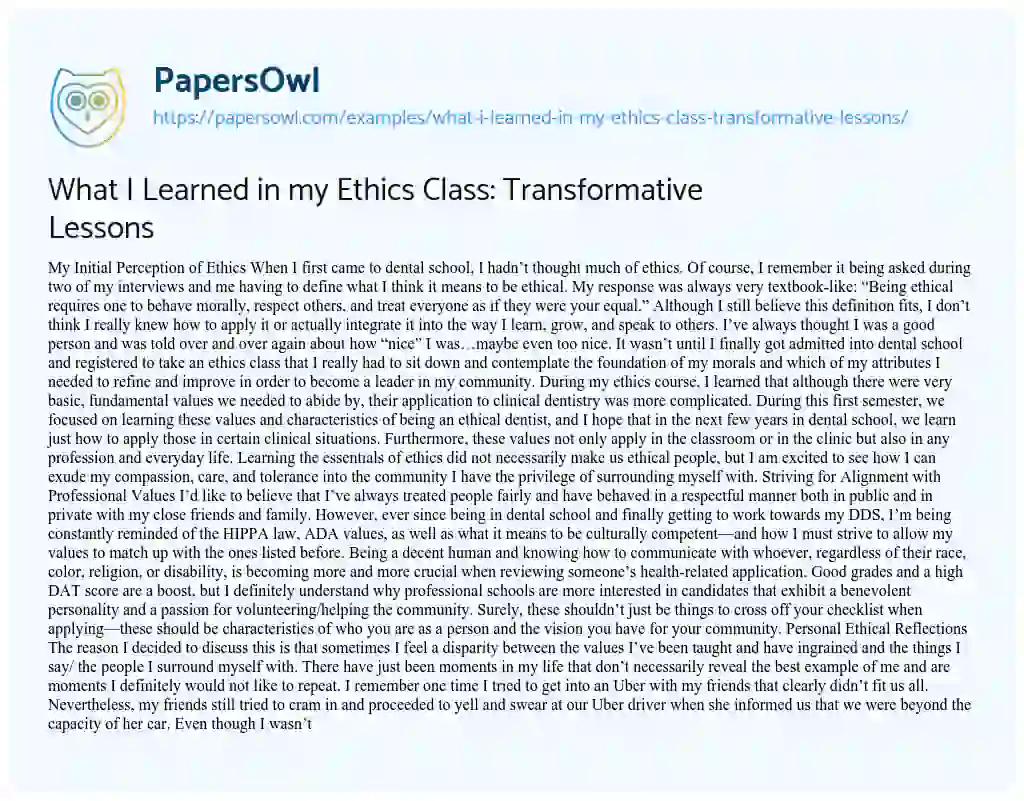 Essay on What i Learned in my Ethics Class: Transformative Lessons