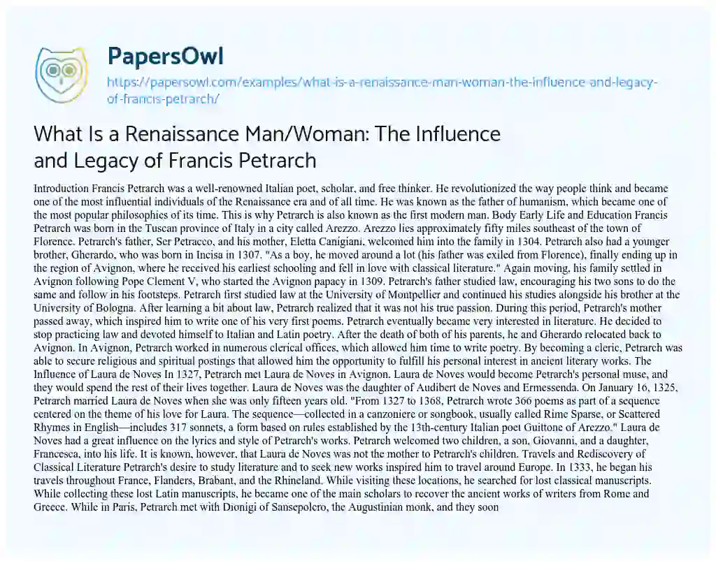 Essay on What is a Renaissance Man/Woman: the Influence and Legacy of Francis Petrarch