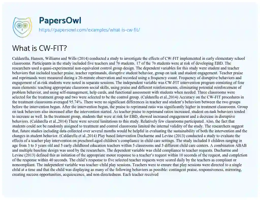 Essay on What is CW-FIT?